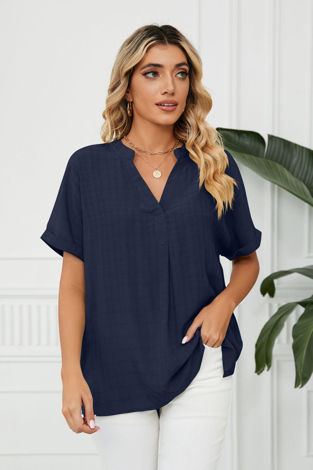 Side Slit Notched Neck Cuffed Short Sleeve Blouse - ItemBear.com