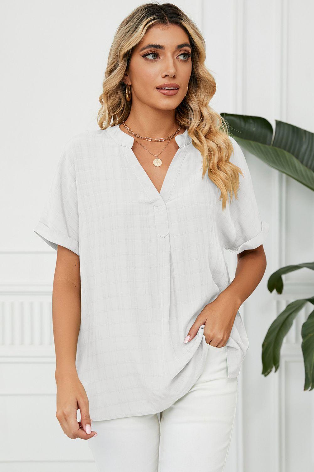 Side Slit Notched Neck Cuffed Short Sleeve Blouse - ItemBear.com