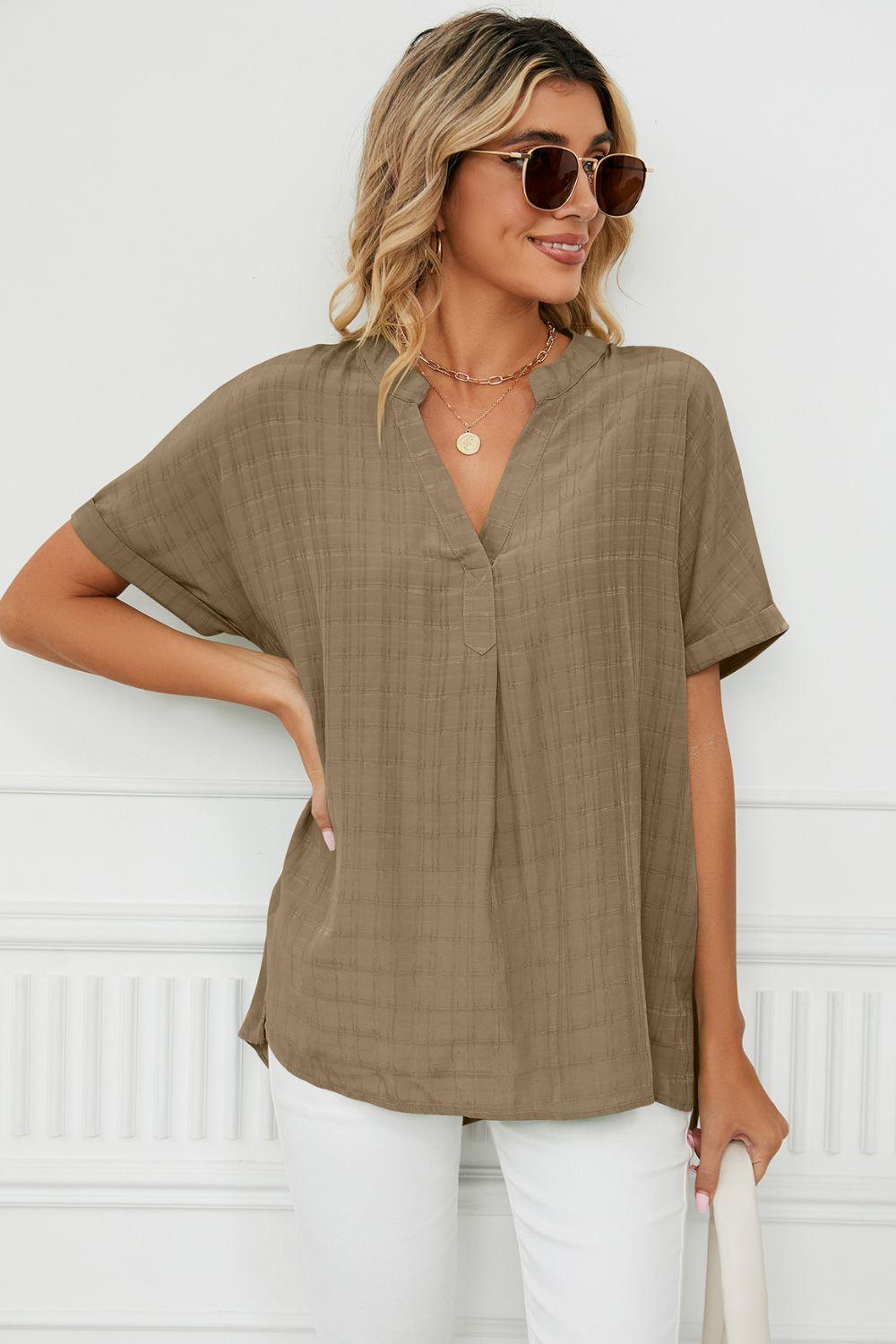 Side Slit Notched Neck Cuffed Short Sleeve Blouse - ItemBear.com