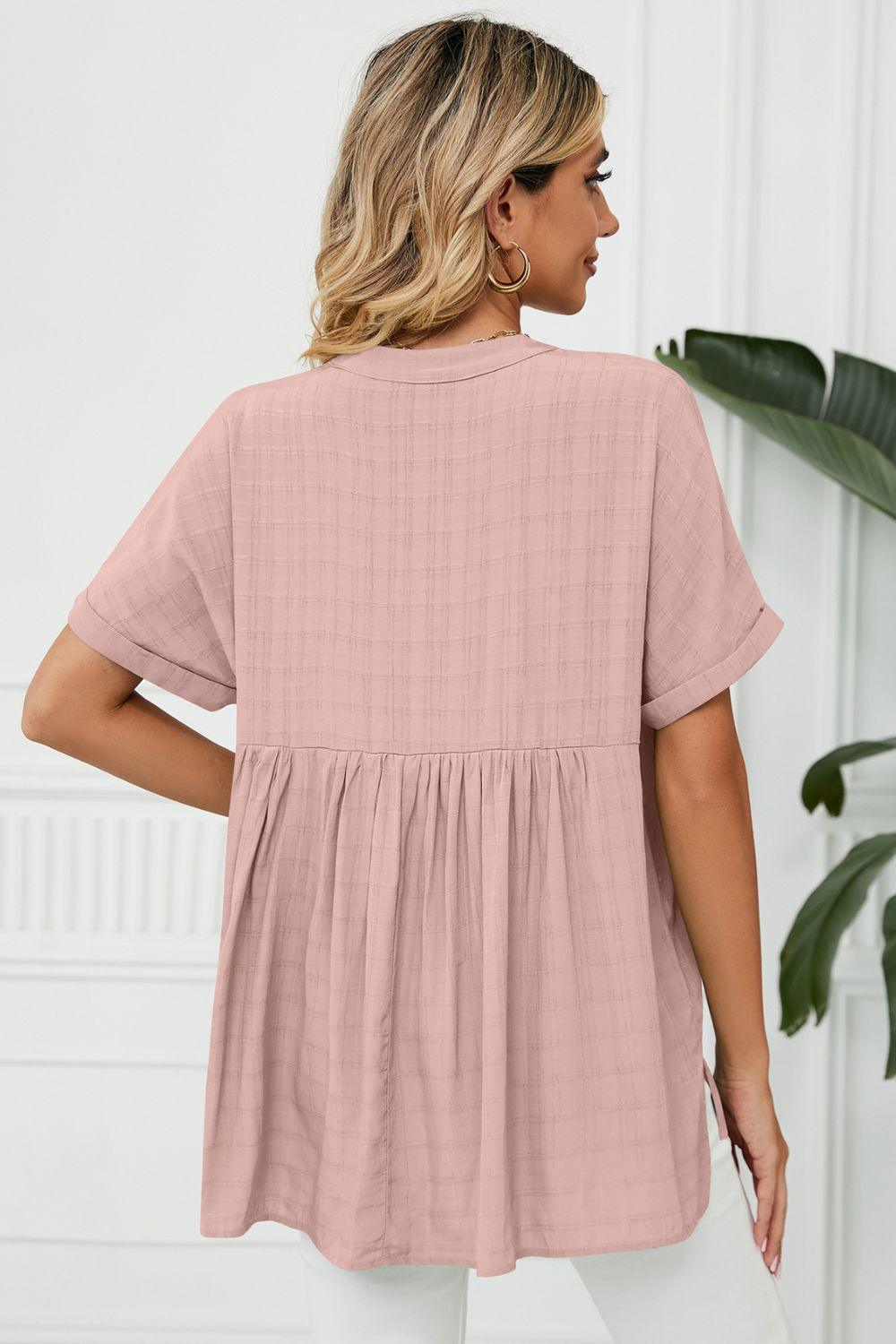 Side Slit Notched Neck Cuffed Short Sleeve Blouse - ItemBear.com