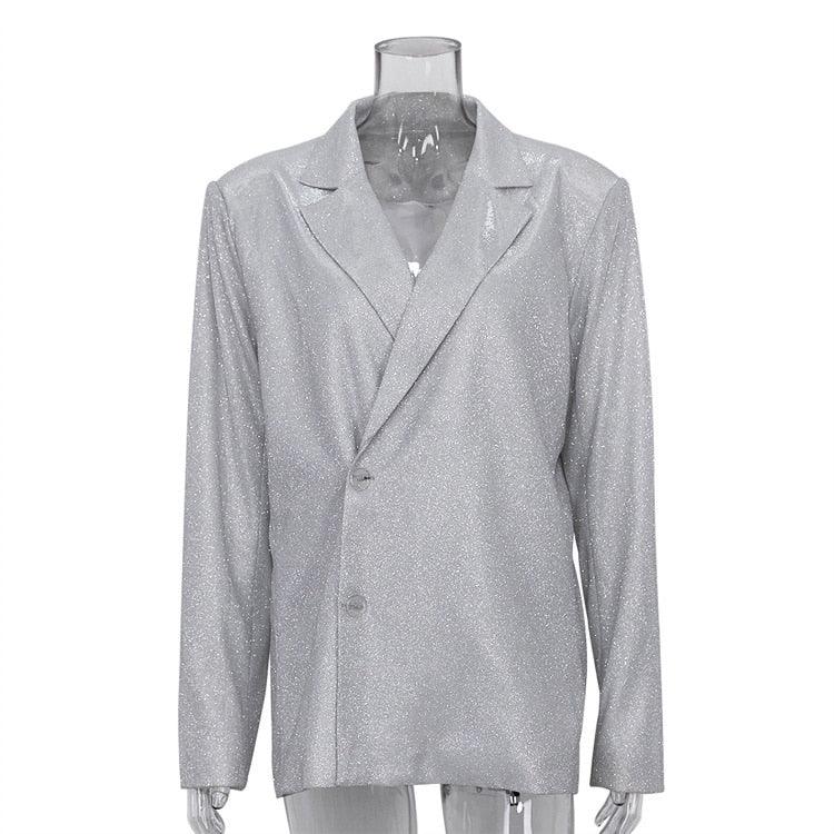 Silver Banquet Party Two Piece Pants Set Lapel Long Sleeve Blazer + High Waist Straight Pants 2022 Autumn Winter New - ItemBear.com