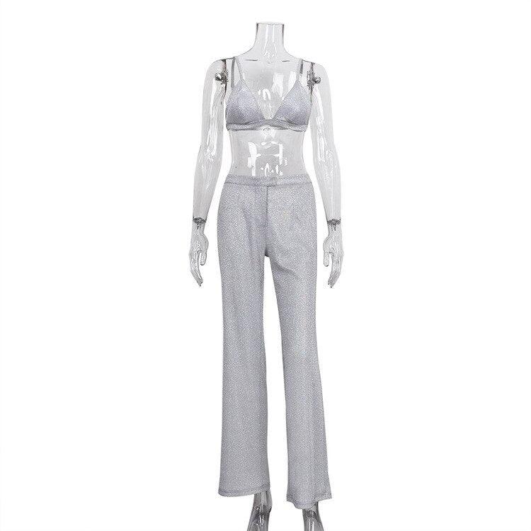 Silver Banquet Party Two Piece Pants Set Lapel Long Sleeve Blazer + High Waist Straight Pants 2022 Autumn Winter New - ItemBear.com