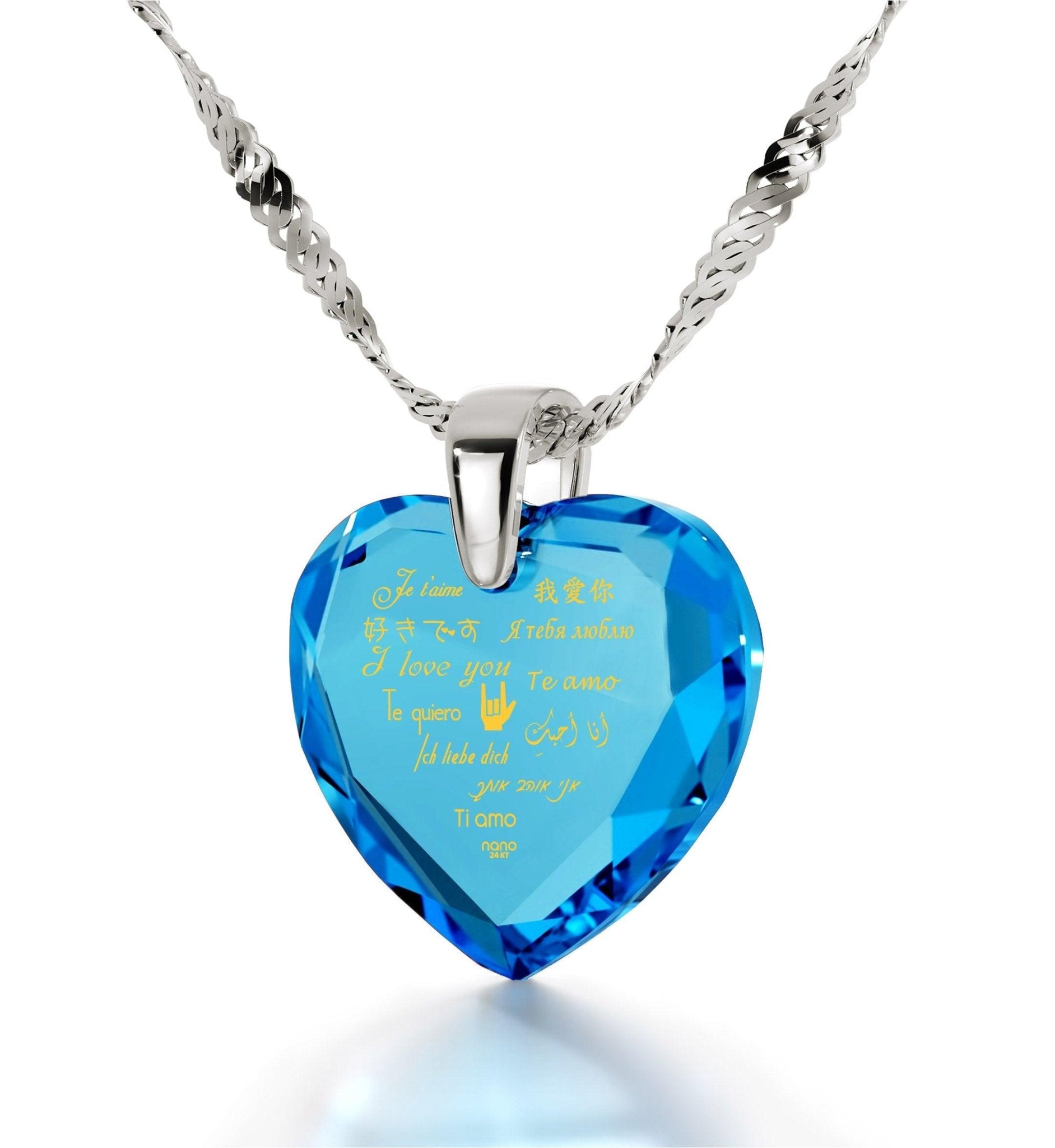 Silver Heart Necklace I Love You in 12 Languages 24k Gold Inscribed Cubic Zirconia - ItemBear.com