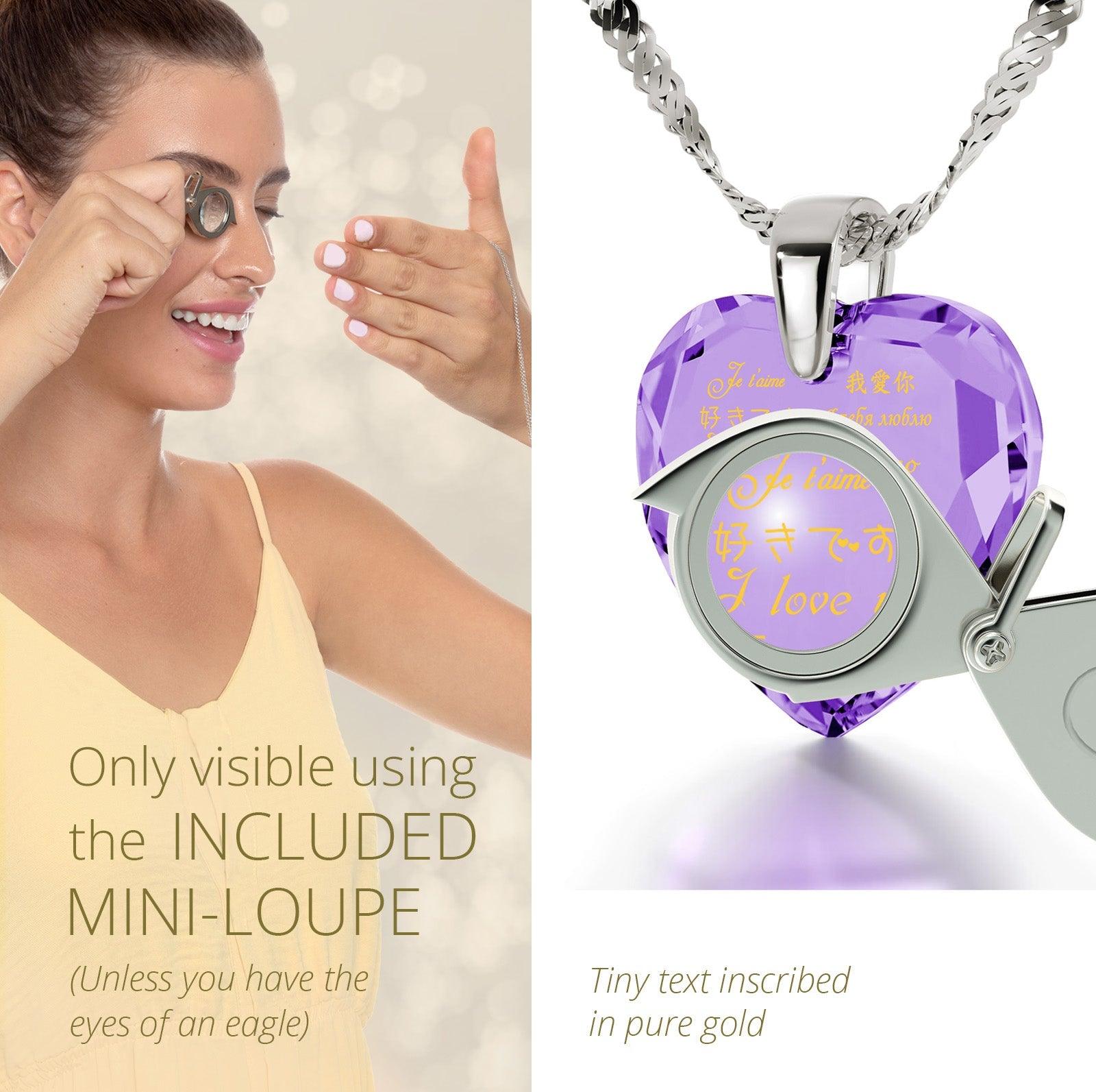 Silver Heart Necklace I Love You in 12 Languages 24k Gold Inscribed Cubic Zirconia - ItemBear.com