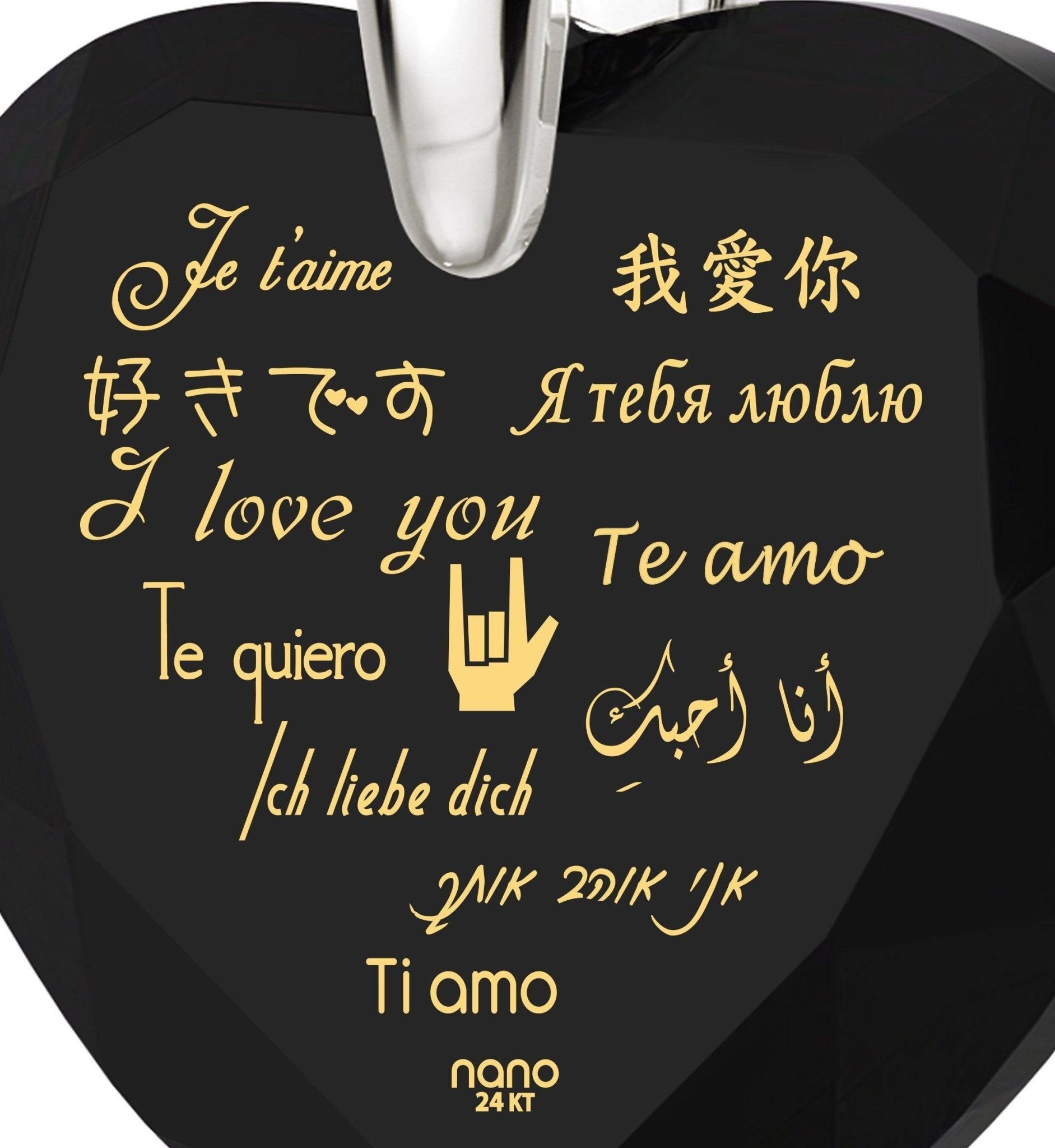 Silver Heart Necklace I Love You in 12 Languages 24k Gold Inscribed Cubic Zirconia - ItemBear.com