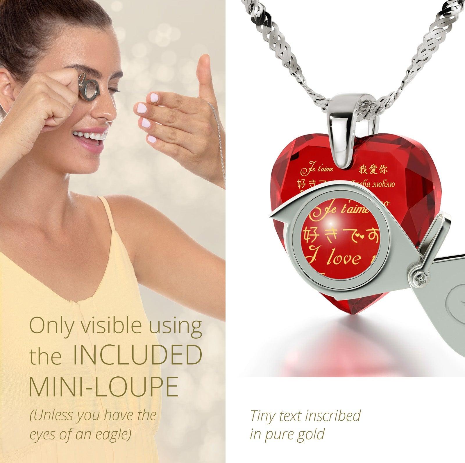 Silver Heart Necklace I Love You in 12 Languages 24k Gold Inscribed Cubic Zirconia - ItemBear.com