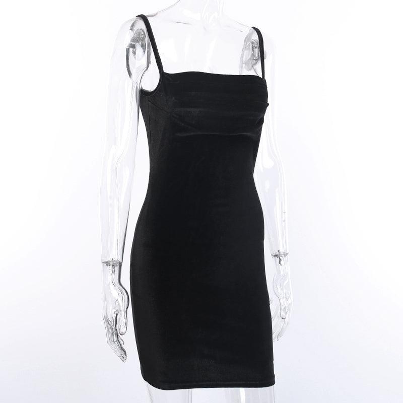 Solid Black Velvet Ruched Mini Dress - ItemBear.com