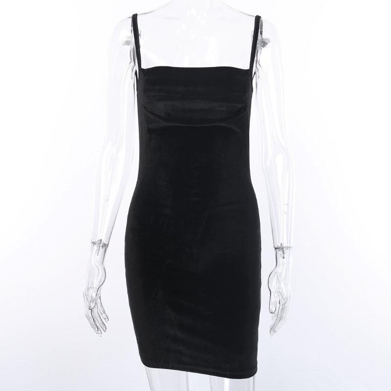 Solid Black Velvet Ruched Mini Dress - ItemBear.com