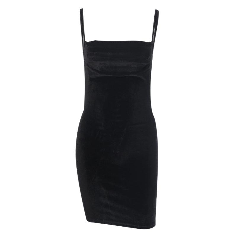 Solid Black Velvet Ruched Mini Dress - ItemBear.com
