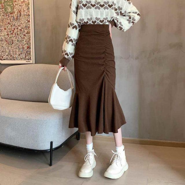 Solid Ruched Mermaid Midi Skirt - ItemBear.com