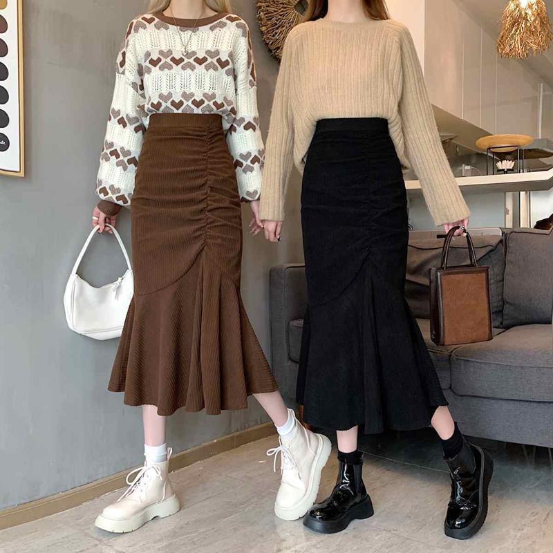 Solid Ruched Mermaid Midi Skirt - ItemBear.com