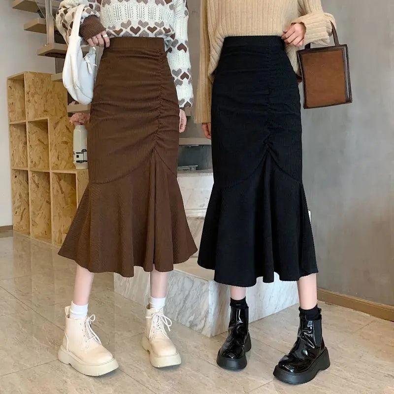 Solid Ruched Mermaid Midi Skirt - ItemBear.com