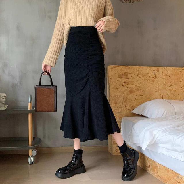 Solid Ruched Mermaid Midi Skirt - ItemBear.com