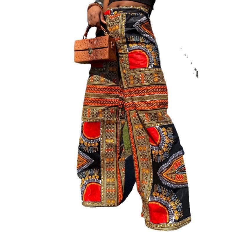 spring and summer new Bohemian printed trousers with pockets casual pants women loose high waist wide leg pants women - ItemBear.com