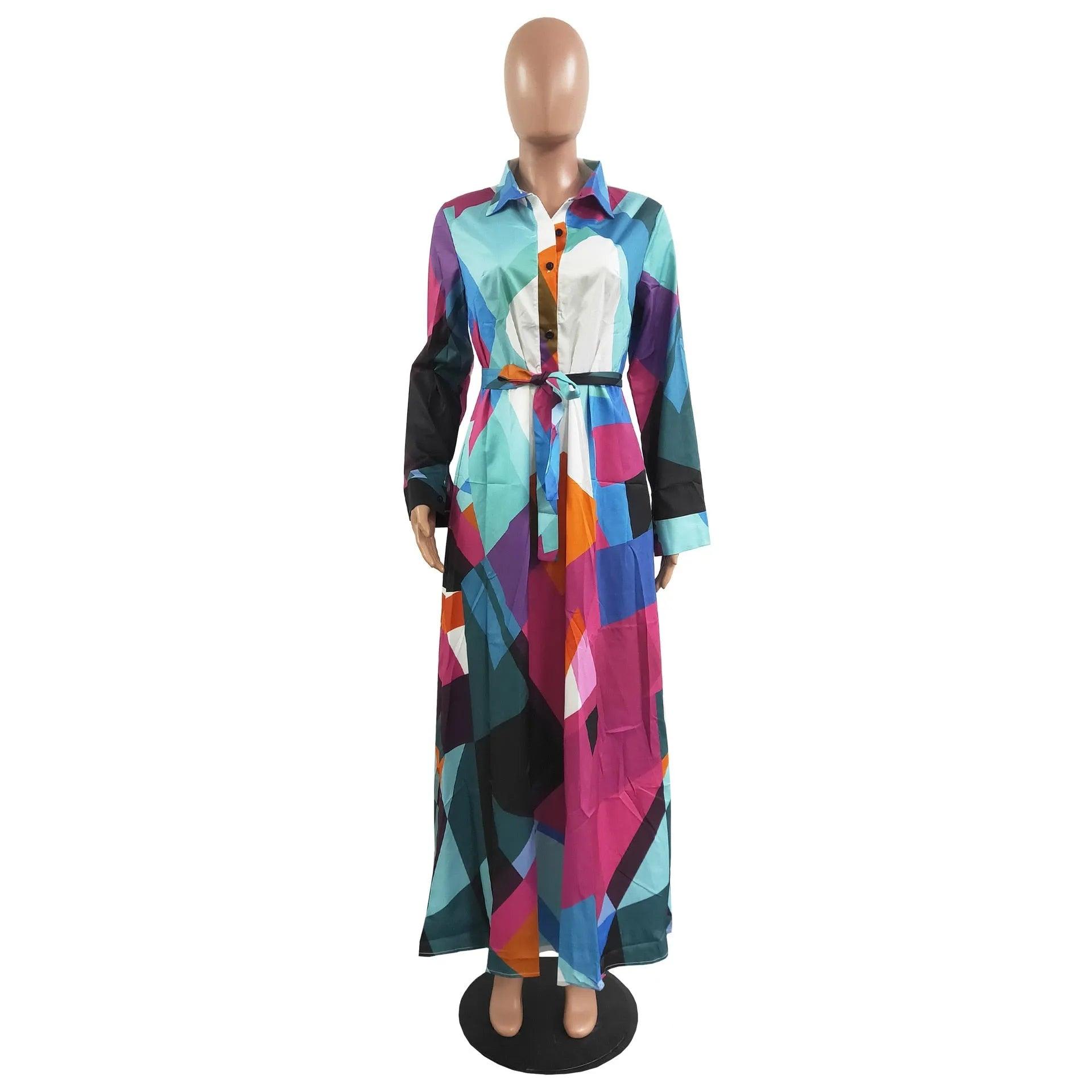 Spring Fall Camouflage Long Dresses Women Long Sleeve Slim Maxi Floor Length Dress Causal Turn-Down Collar Button Up Shirt Dress - ItemBear.com