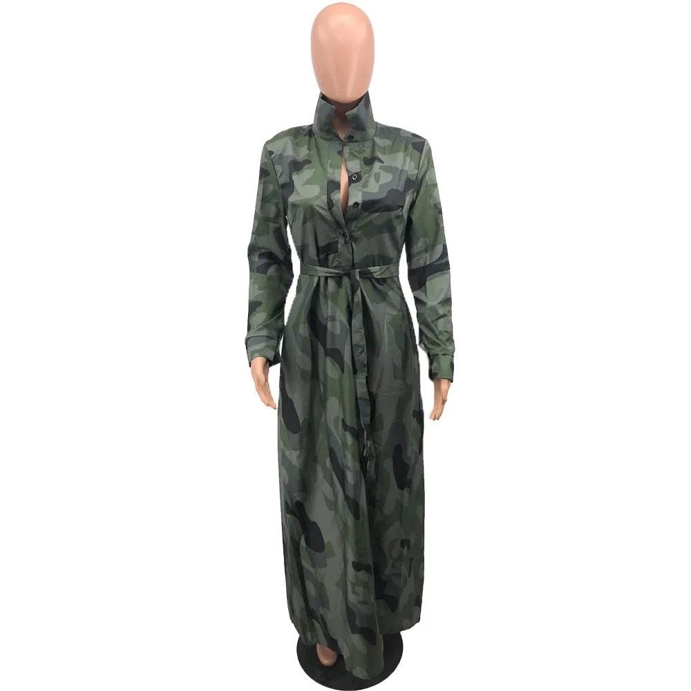 Spring Fall Camouflage Long Dresses Women Long Sleeve Slim Maxi Floor Length Dress Causal Turn-Down Collar Button Up Shirt Dress - ItemBear.com
