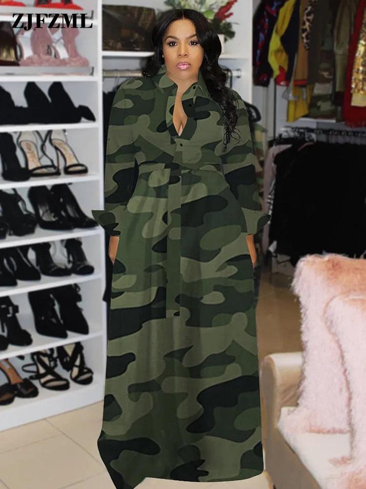 Spring Fall Camouflage Long Dresses Women Long Sleeve Slim Maxi Floor Length Dress Causal Turn-Down Collar Button Up Shirt Dress - ItemBear.com