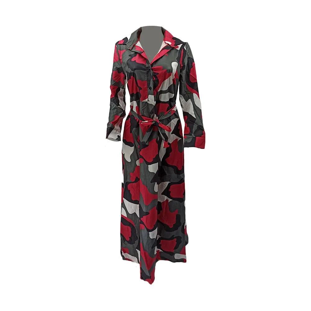 Spring Fall Camouflage Long Dresses Women Long Sleeve Slim Maxi Floor Length Dress Causal Turn-Down Collar Button Up Shirt Dress - ItemBear.com