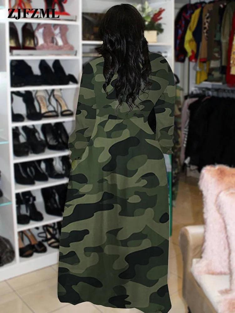 Spring Fall Camouflage Long Dresses Women Long Sleeve Slim Maxi Floor Length Dress Causal Turn-Down Collar Button Up Shirt Dress - ItemBear.com