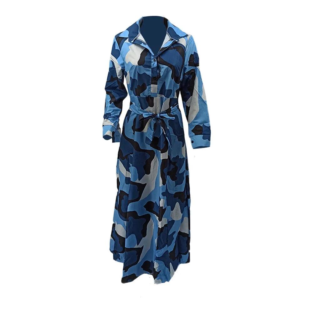 Spring Fall Camouflage Long Dresses Women Long Sleeve Slim Maxi Floor Length Dress Causal Turn-Down Collar Button Up Shirt Dress - ItemBear.com