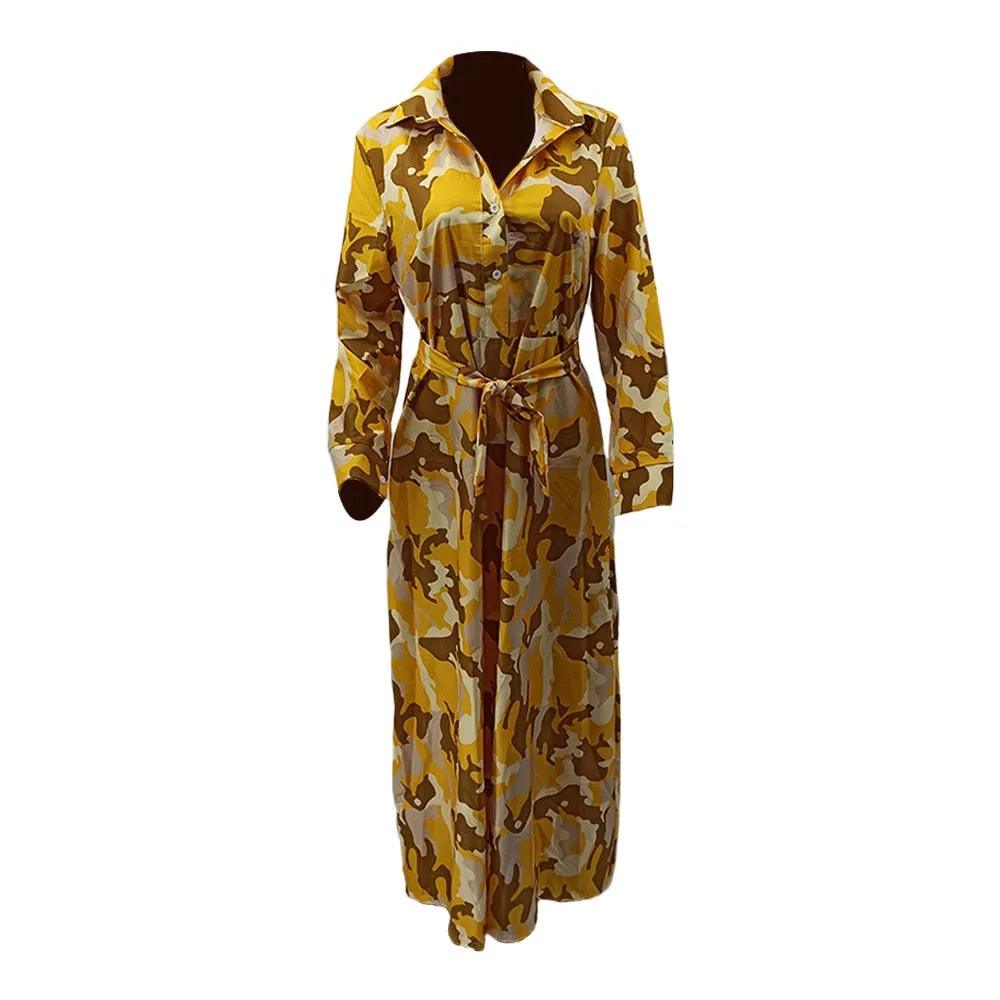 Spring Fall Camouflage Long Dresses Women Long Sleeve Slim Maxi Floor Length Dress Causal Turn-Down Collar Button Up Shirt Dress - ItemBear.com