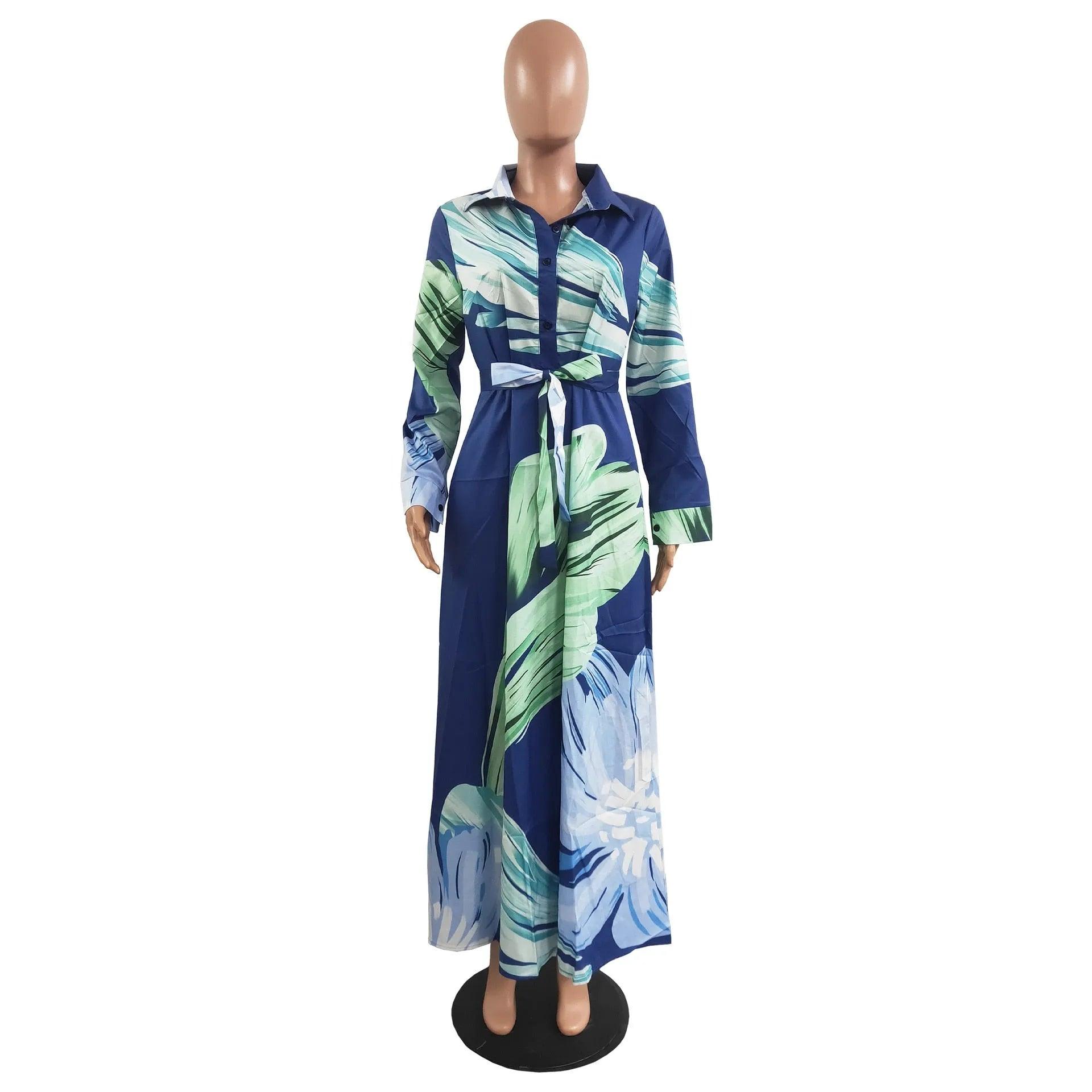 Spring Fall Camouflage Long Dresses Women Long Sleeve Slim Maxi Floor Length Dress Causal Turn-Down Collar Button Up Shirt Dress - ItemBear.com