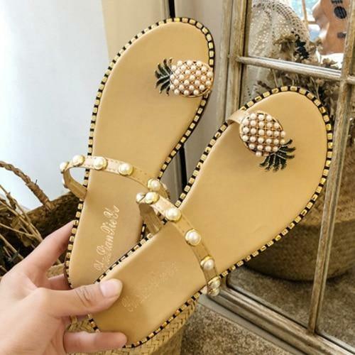 Summer Beach Pineapple Flat Slippers Outside Slides Ladies Shoes - ItemBear.com