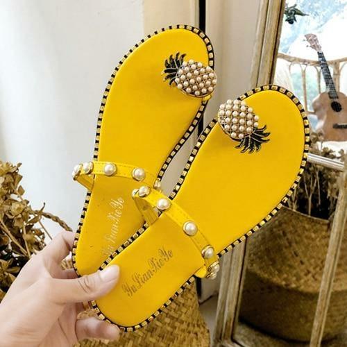 Summer Beach Pineapple Flat Slippers Outside Slides Ladies Shoes - ItemBear.com