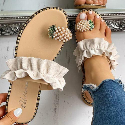 Summer Beach Pineapple Flat Slippers Outside Slides Ladies Shoes - ItemBear.com