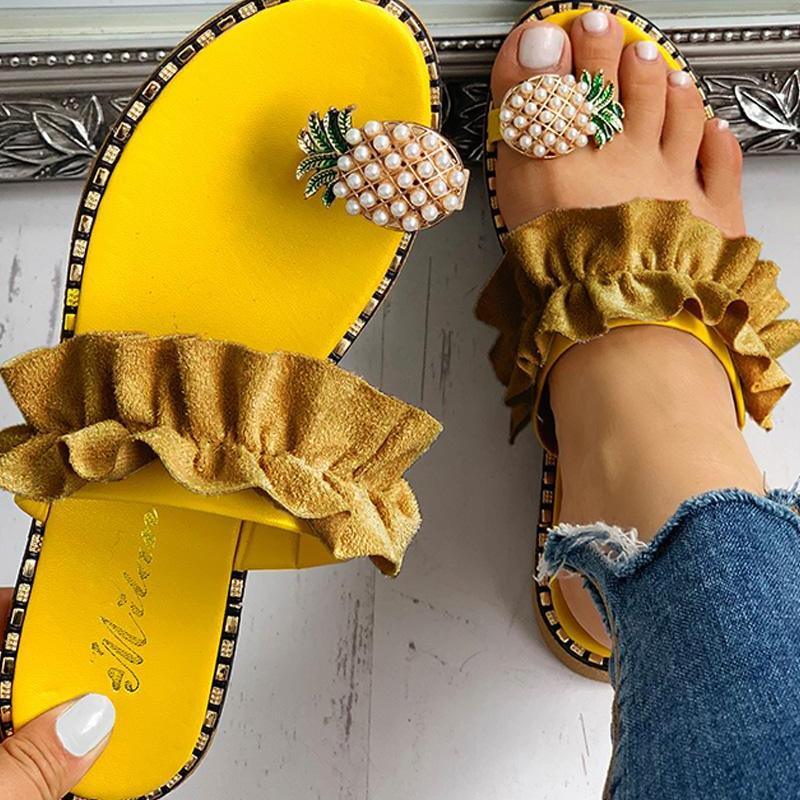 Summer Beach Pineapple Flat Slippers Outside Slides Ladies Shoes - ItemBear.com