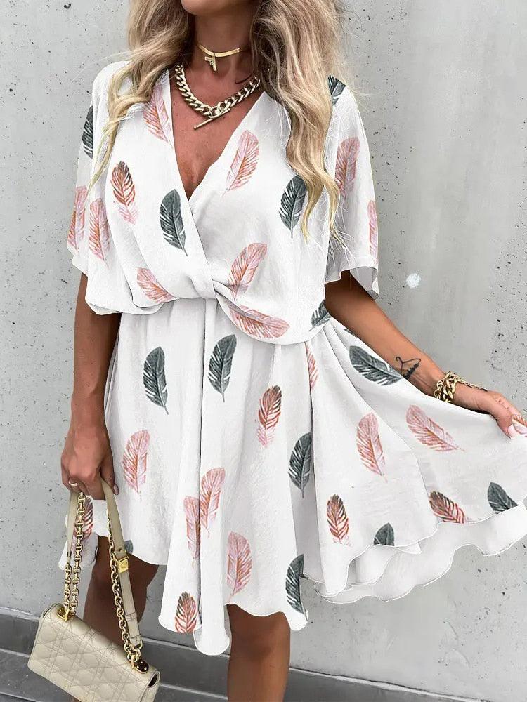 Summer Floral Print Mini Dress Women Fashion Boho Casual Short Sleeve A Line Elegant Dresses Robe - ItemBear.com