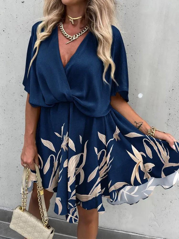 Summer Floral Print Mini Dress Women Fashion Boho Casual Short Sleeve A Line Elegant Dresses Robe - ItemBear.com