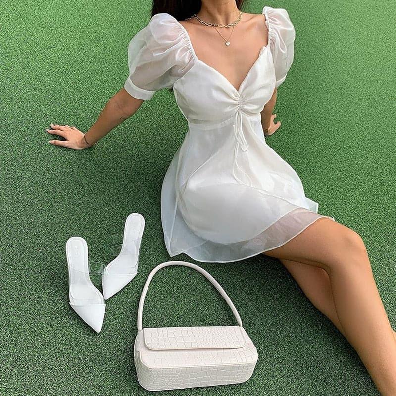 Sweet White Silk Puff Sleeve A-Line Sundress - ItemBear.com