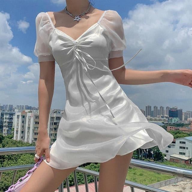 Sweet White Silk Puff Sleeve A-Line Sundress - ItemBear.com