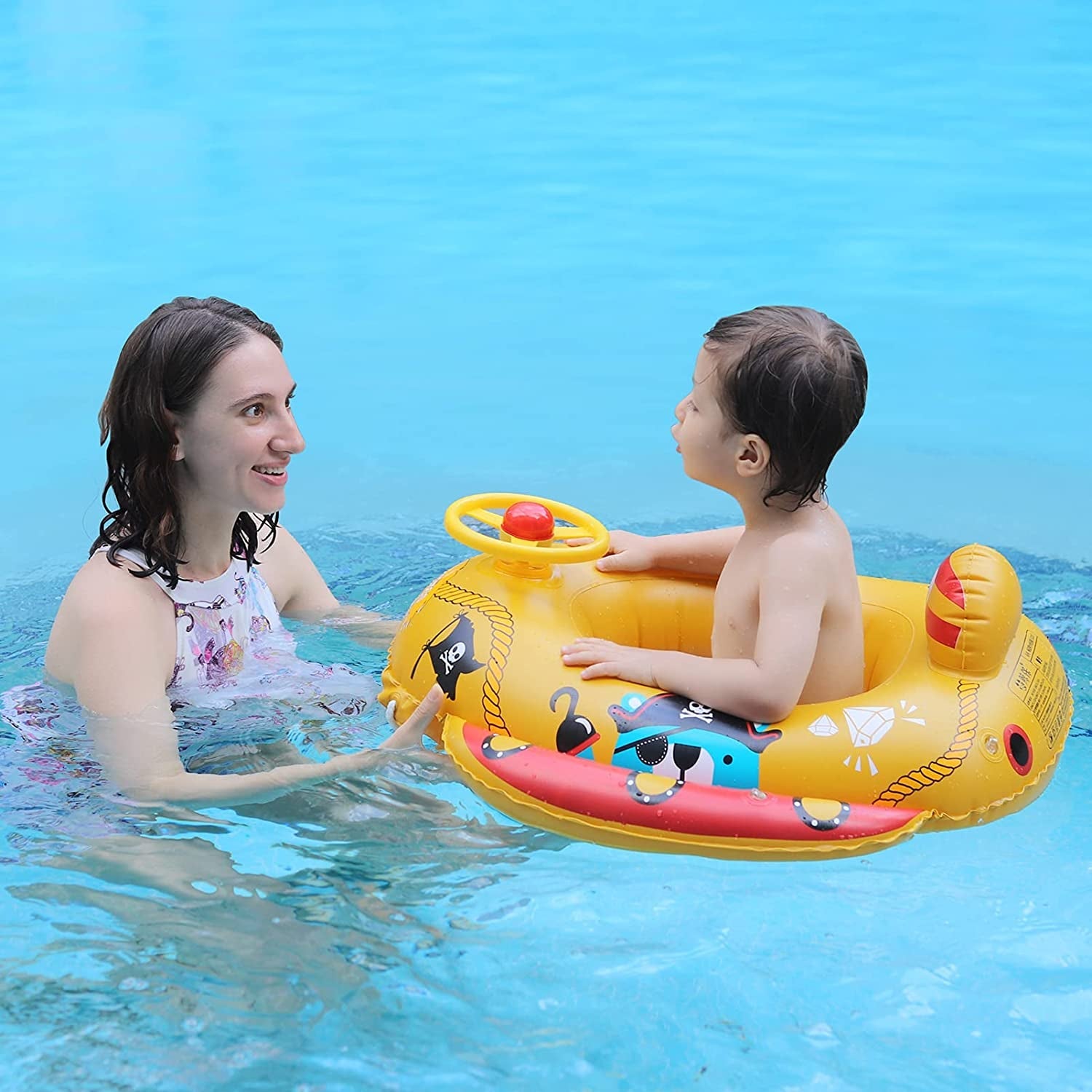 Swimbobo Toddler Pool Float with Seat Boat Inflatable Ride - On Airplane Pirates Sharks Car for Kids Outdoor Toys(Yellow Pirates) - ItemBear.com