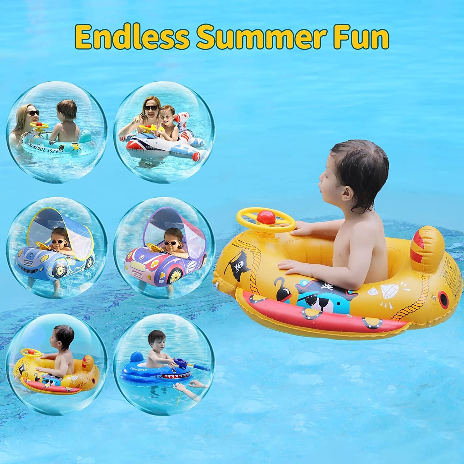 Swimbobo Toddler Pool Float with Seat Boat Inflatable Ride - On Airplane Pirates Sharks Car for Kids Outdoor Toys(Yellow Pirates) - ItemBear.com