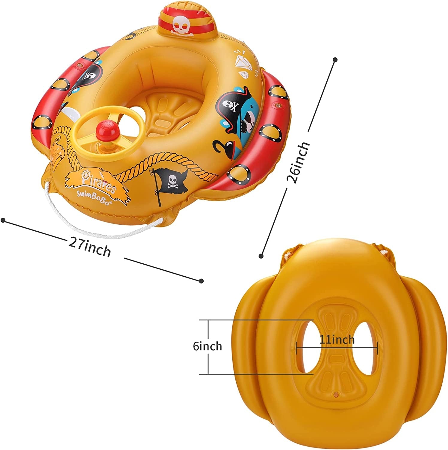 Swimbobo Toddler Pool Float with Seat Boat Inflatable Ride - On Airplane Pirates Sharks Car for Kids Outdoor Toys(Yellow Pirates) - ItemBear.com