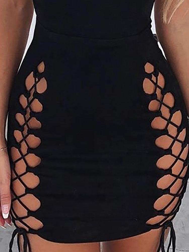 Trendy Solid Black Lace-Up Mini Club Dress - ItemBear.com
