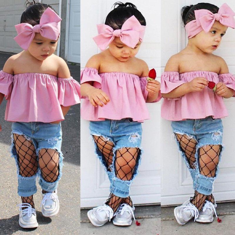 US Denim Toddler Baby Girl Lace Off Shoulder Crop Top Long Pants Outfits Clothes - ItemBear.com