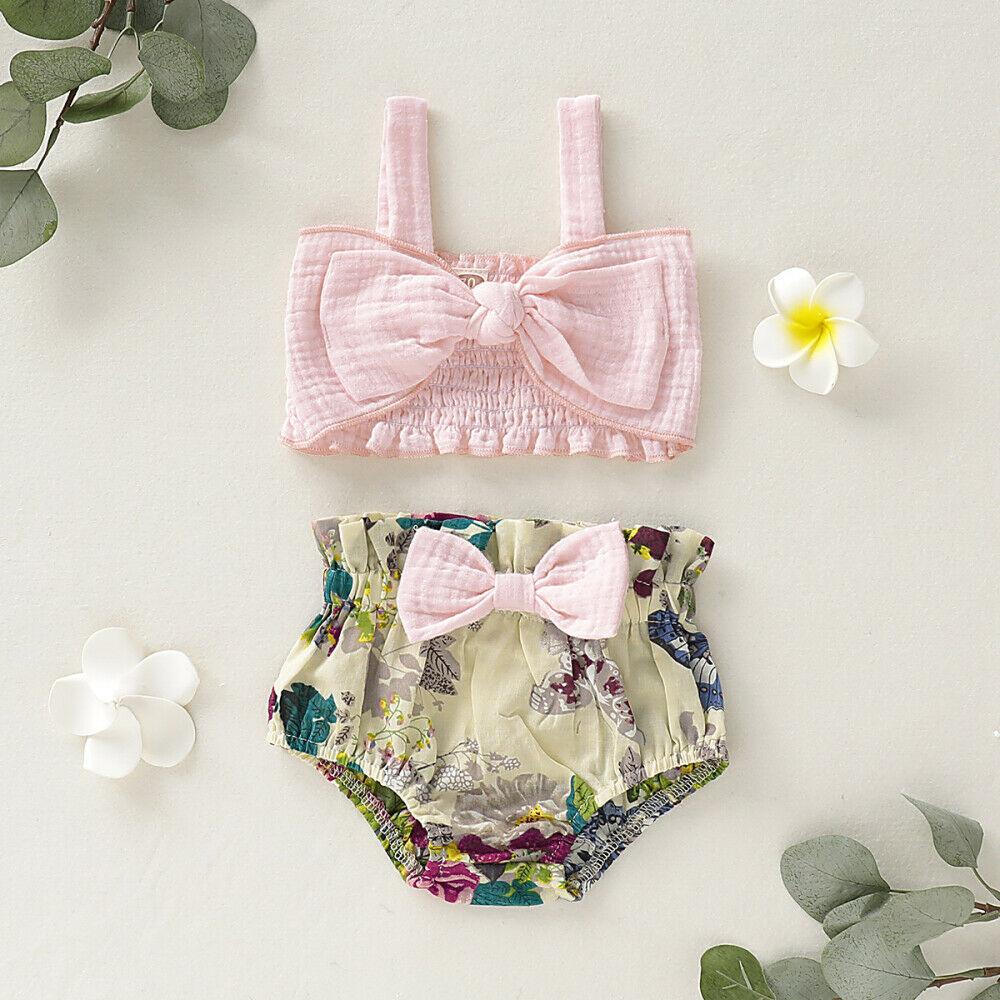US Summer Newborn Baby Girl Clothes Bow Vest Tops+Floral Shorts Outfit Sunsuit - ItemBear.com
