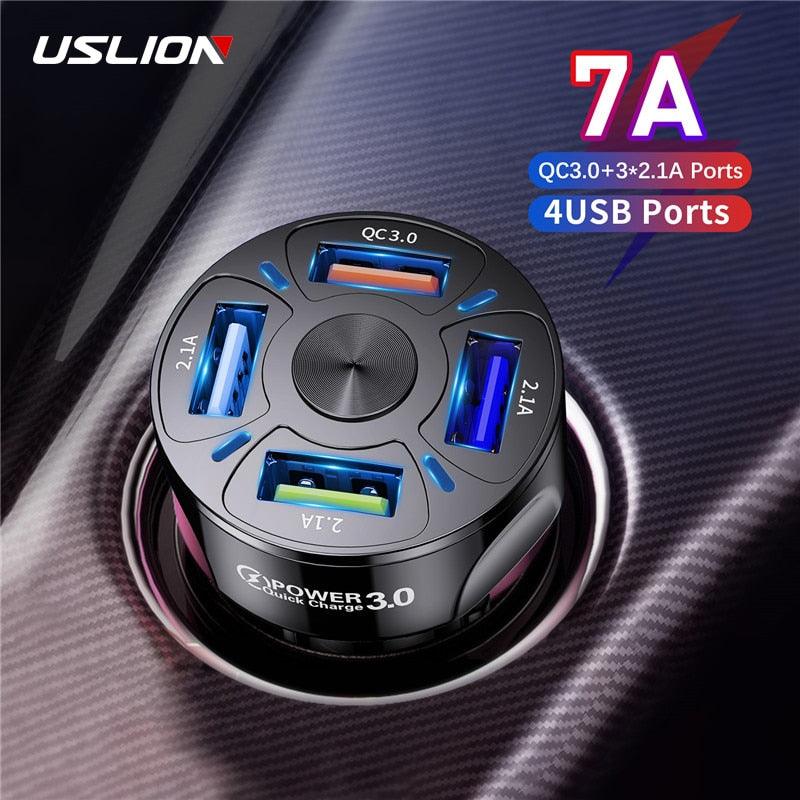 USLION 4 Ports USB Car Charge 48W Quick 7A Mini Fast Charging For iPhone 11 Xiaomi Huawei Mobile Phone Charger Adapter in Car - ItemBear.com