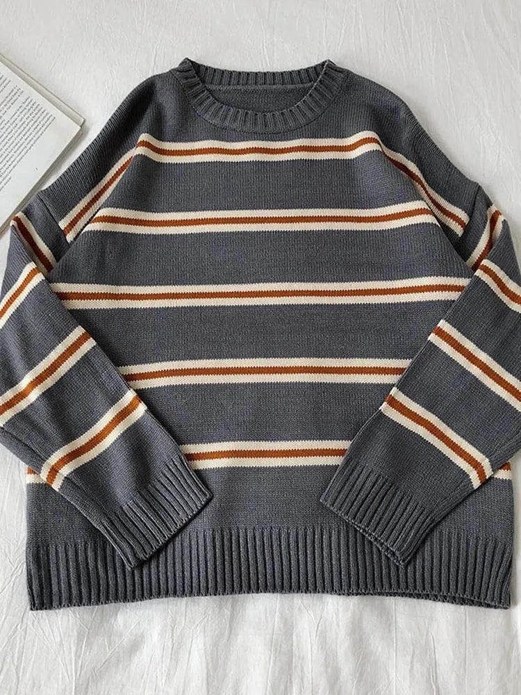 Vintage Stripe Sweaters Women Loose Oversize Korean Style Pullover Top Autumn Winter Long Sleeve Knitted Sweater Femme 2020 - ItemBear.com
