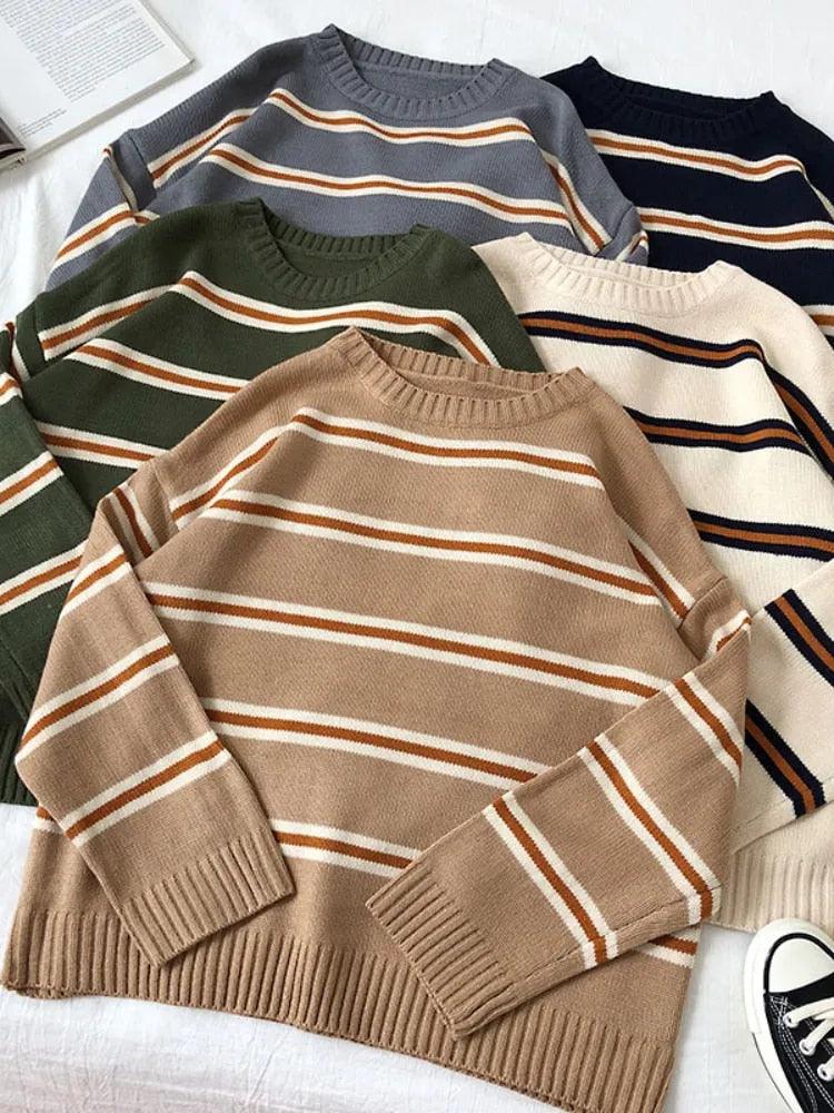 Vintage Stripe Sweaters Women Loose Oversize Korean Style Pullover Top Autumn Winter Long Sleeve Knitted Sweater Femme 2020 - ItemBear.com