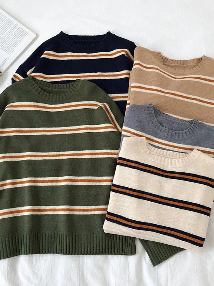 Vintage Stripe Sweaters Women Loose Oversize Korean Style Pullover Top Autumn Winter Long Sleeve Knitted Sweater Femme 2020 - ItemBear.com