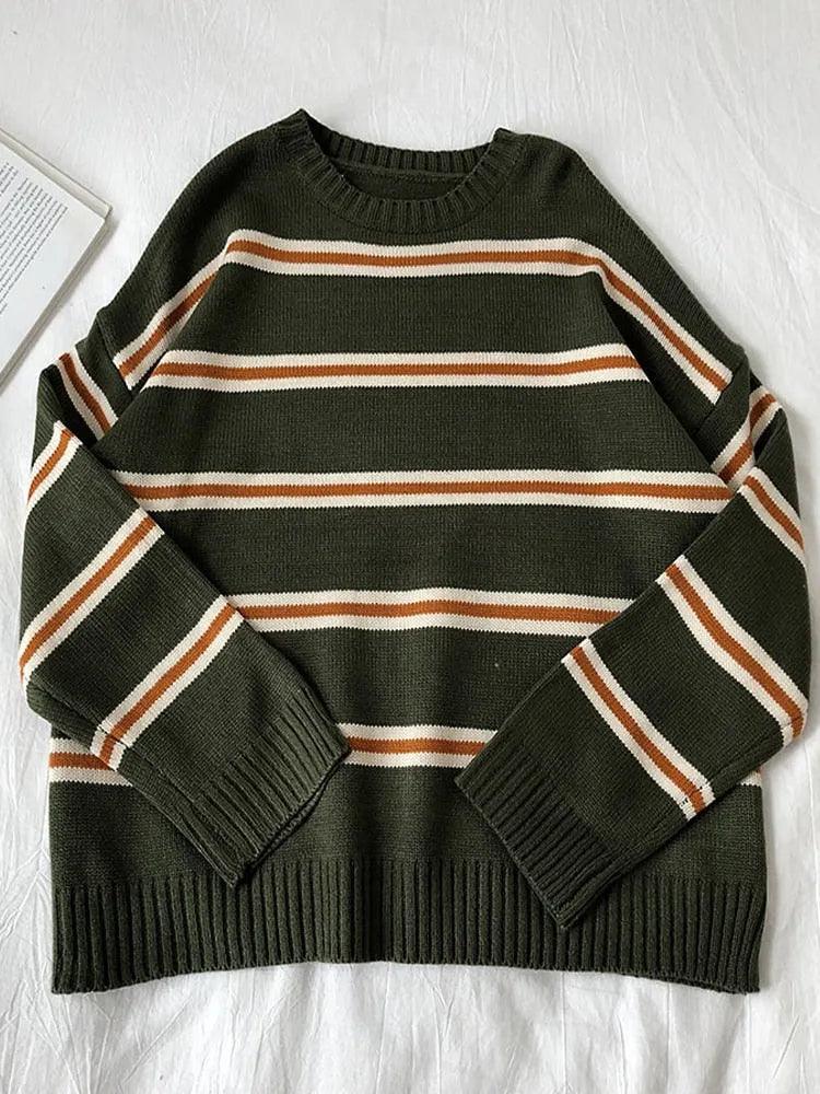 Vintage Stripe Sweaters Women Loose Oversize Korean Style Pullover Top Autumn Winter Long Sleeve Knitted Sweater Femme 2020 - ItemBear.com
