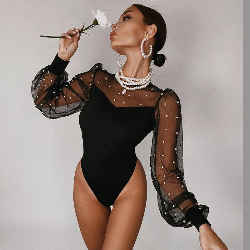 Voguable Mesh Pearl Patchwork Long Puff Sleeve Sexy Bodysuit Winter Women Fashion Streetwear Party Elegant Lady Romper - ItemBear.com
