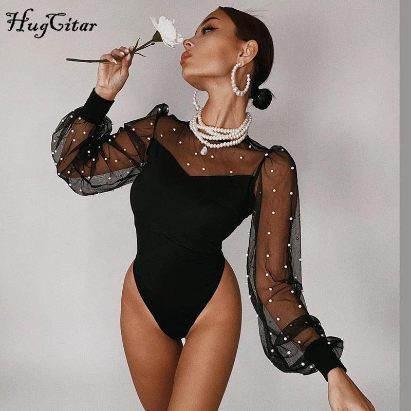 Voguable Mesh Pearl Patchwork Long Puff Sleeve Sexy Bodysuit Winter Women Fashion Streetwear Party Elegant Lady Romper - ItemBear.com