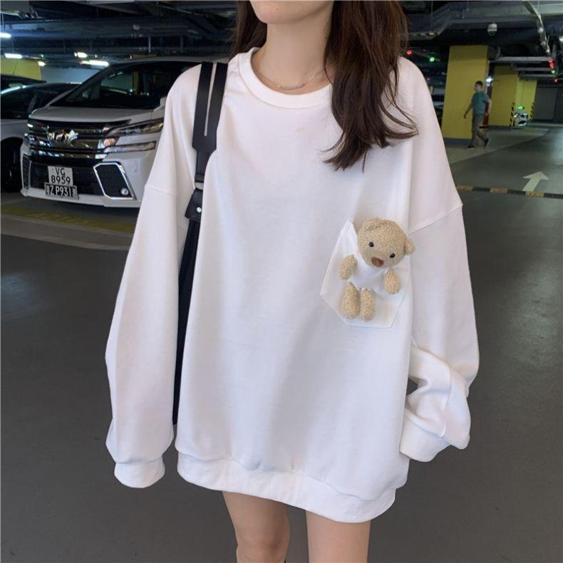 With Bear pocket - 2023 cross-border new sweater women's ins round neck loose Korean foreign style student long-sleeved top - ItemBear.com
