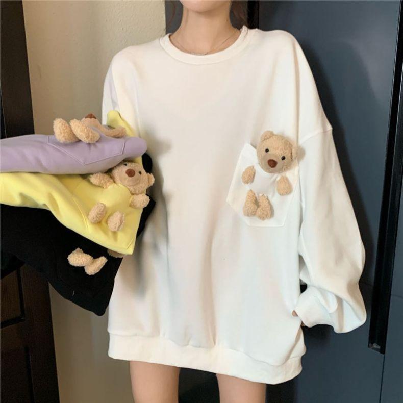 With Bear pocket - 2023 cross-border new sweater women's ins round neck loose Korean foreign style student long-sleeved top - ItemBear.com
