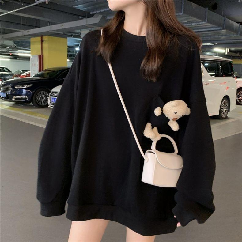 With Bear pocket - 2023 cross-border new sweater women's ins round neck loose Korean foreign style student long-sleeved top - ItemBear.com